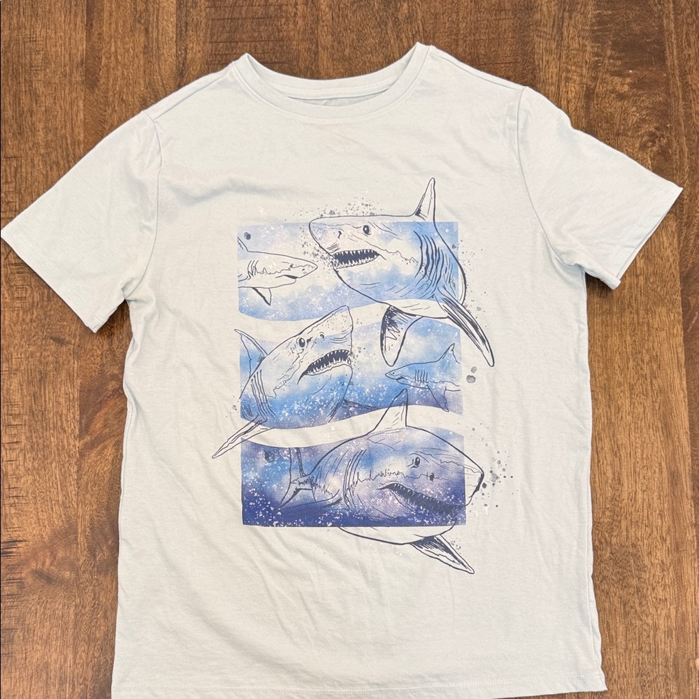 Boys Graphic Shark Tee - Light Gray with Blue Print